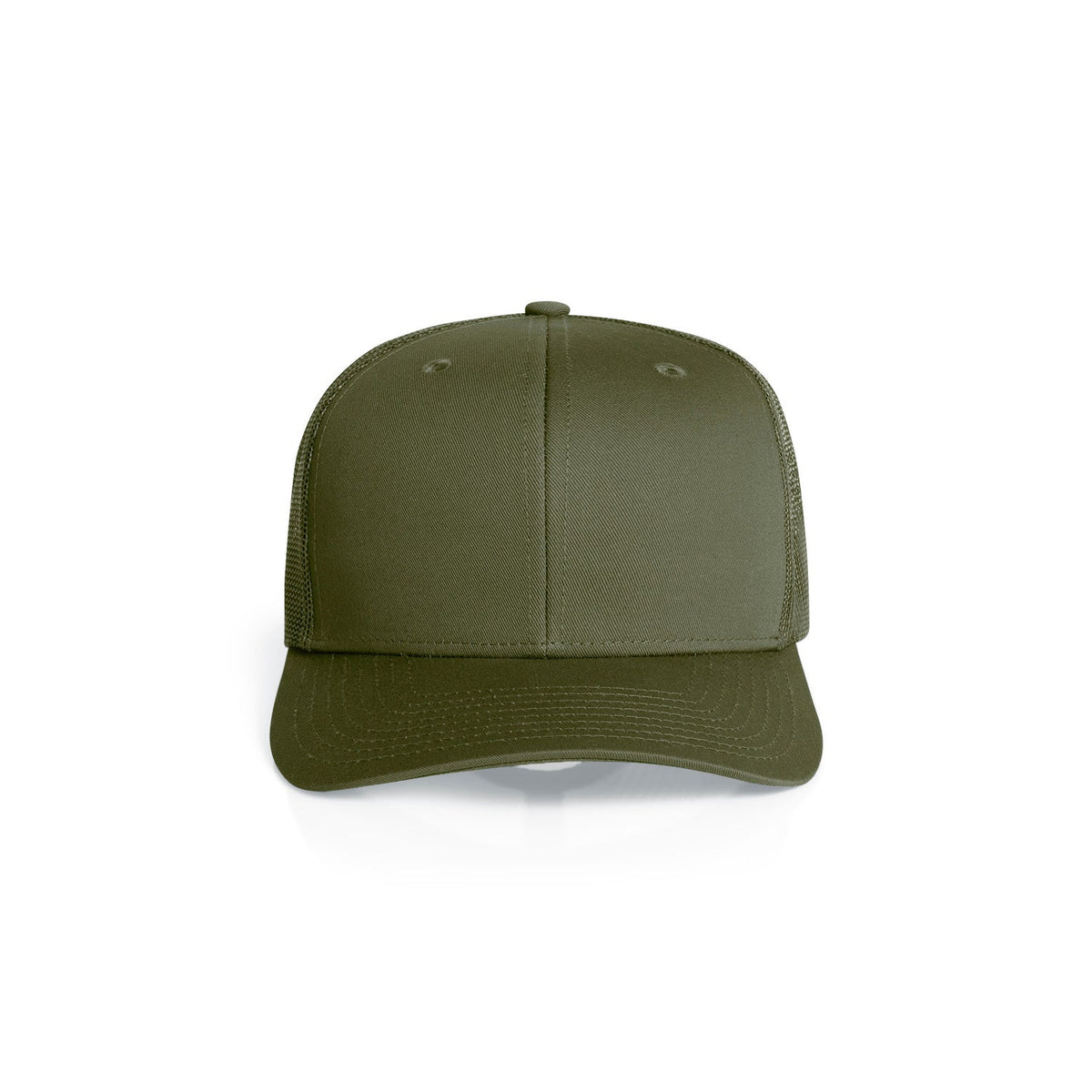 Army green trucker cap with a mesh back, front view – custom printed apparel