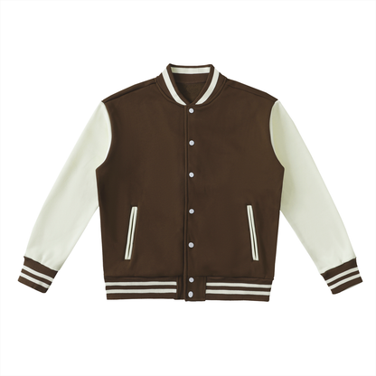 Two-Tone Fleece Varsity Jacket in Coffee with White, front