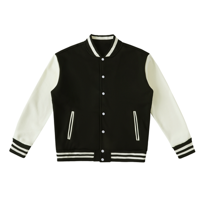 Two-Tone Fleece Varsity Jacket in Black with White, front