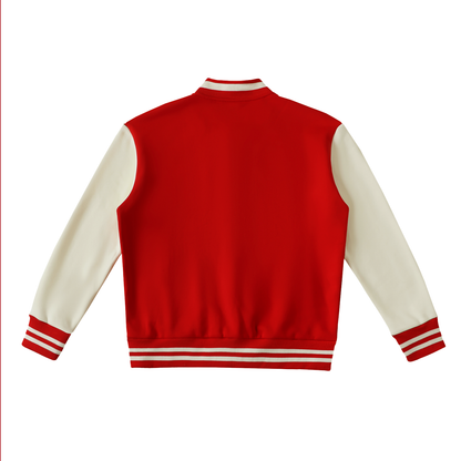 Two-Tone Fleece Varsity Jacket in Red with White, back