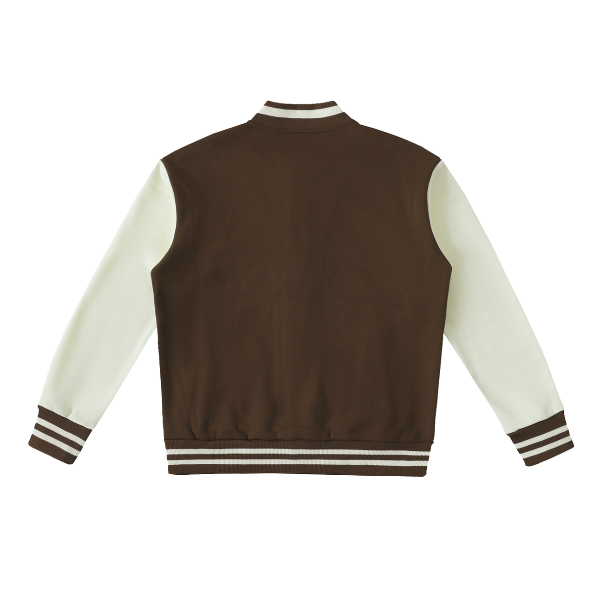 Two-Tone Fleece Varsity Jacket in Coffee with White, back