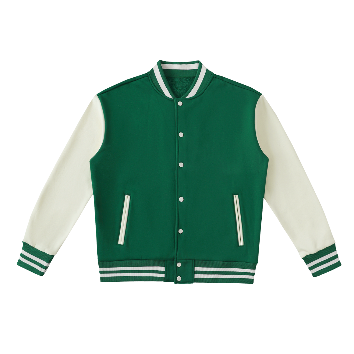 Two-Tone Fleece Varsity Jacket in Green with White, front