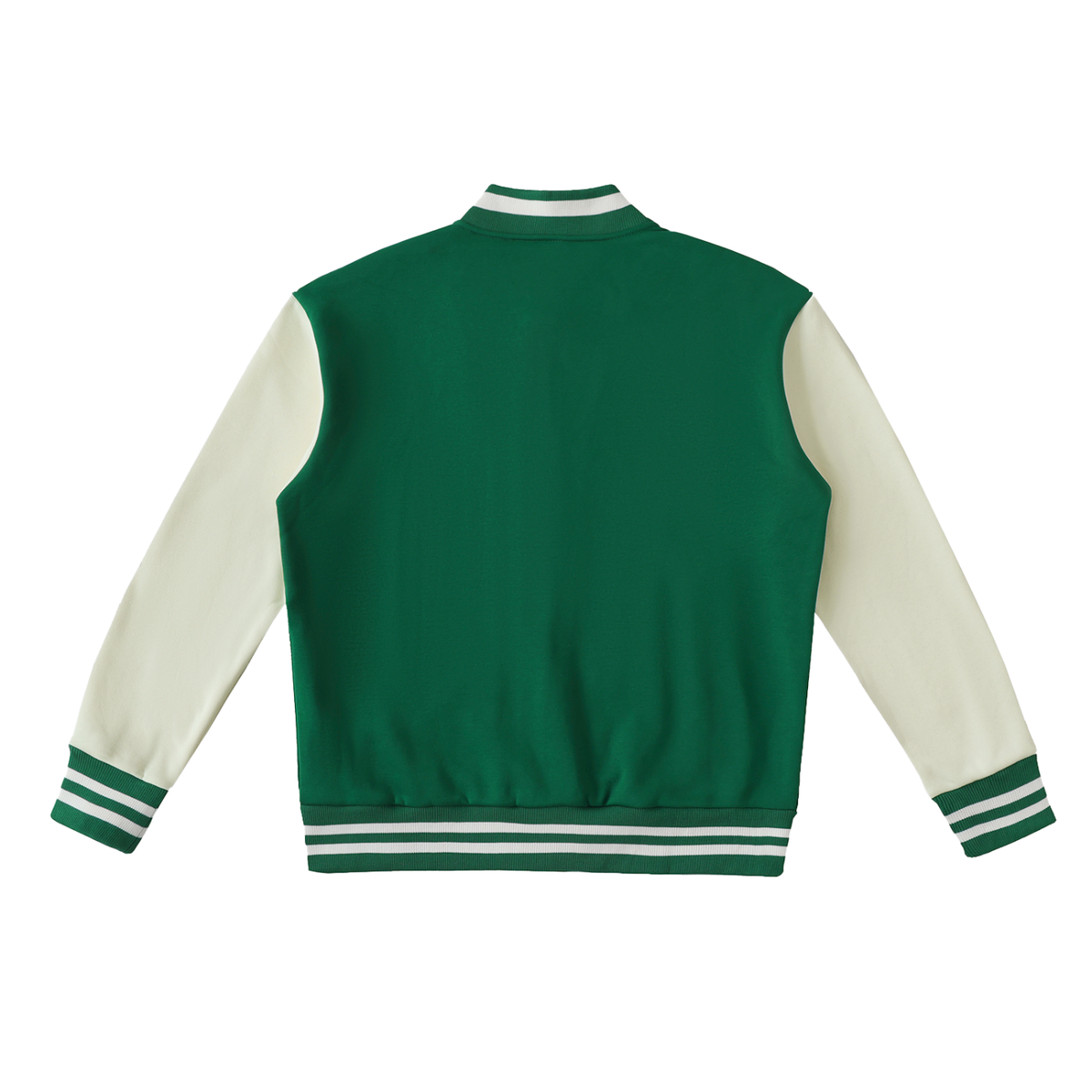 Two-Tone Fleece Varsity Jacket in Green with White, back