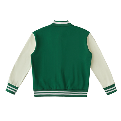 Two-Tone Fleece Varsity Jacket in Green with White, back
