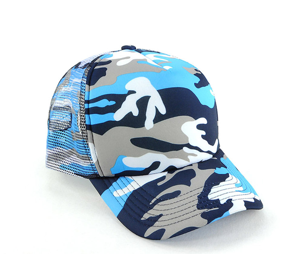 Camo Trucker Cap in Sky/Navy Camo, front