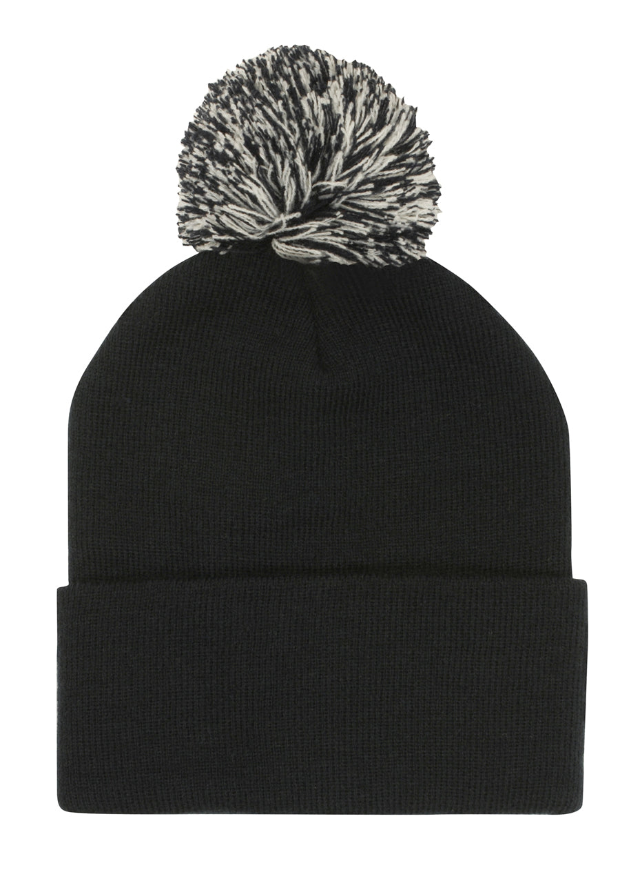 Pom Pom Beanie in Black/White, front