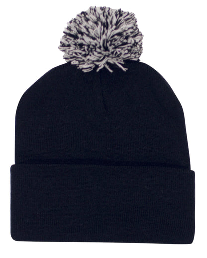 Pom Pom Beanie in Navy/White, front