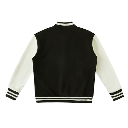 Two-Tone Fleece Varsity Jacket in Black with White, back
