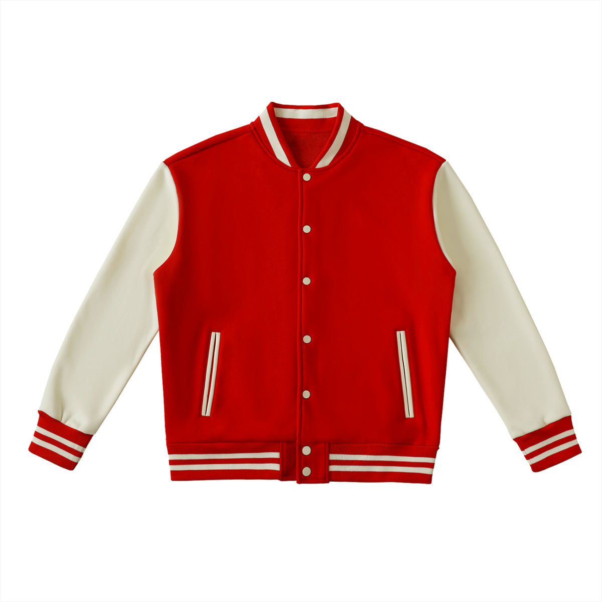 Two-Tone Fleece Varsity Jacket in Red with White, front