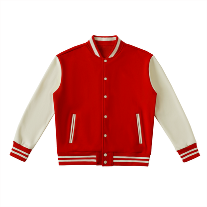 Two-Tone Fleece Varsity Jacket in Red with White, front